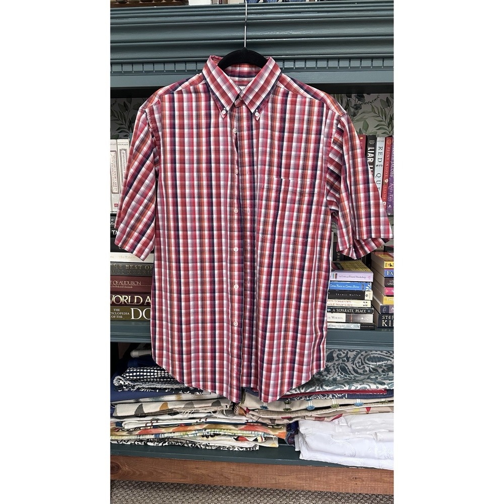 Turnbury Men's Med Red Navy White Orange Plaid Short Sleeve Button Up Shirt